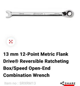 Srxrm13 Snap-on 13 Mm 12-point Metric Flank Drive Reversible Ratcheting Wrench