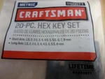 New Craftsman 20 Hex Key (allen Wrench) Set, Metric Mm, Long-arm & Short-arm. Fixed Price $12.32.